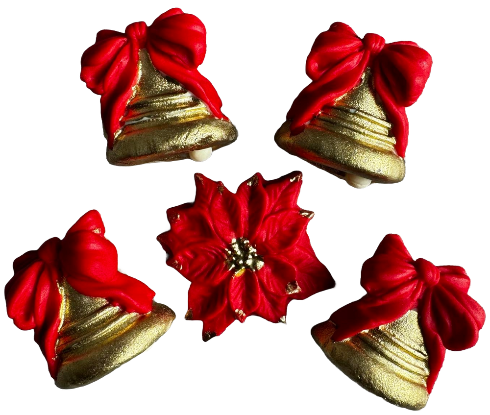 Set of 5 edible sugarpaste decorations, Christmas, bells with red bows Sugarpaste Decorations Naty Shop