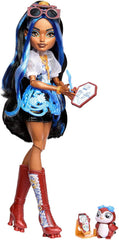 Monster High Puppe, Robecca Steam in Blauer Bluse und schwarzen Shorts mit Haustier Pinguin Captain Penny und 7 Zubehörteilen wie Flugbrille und Handtasche, JMB81