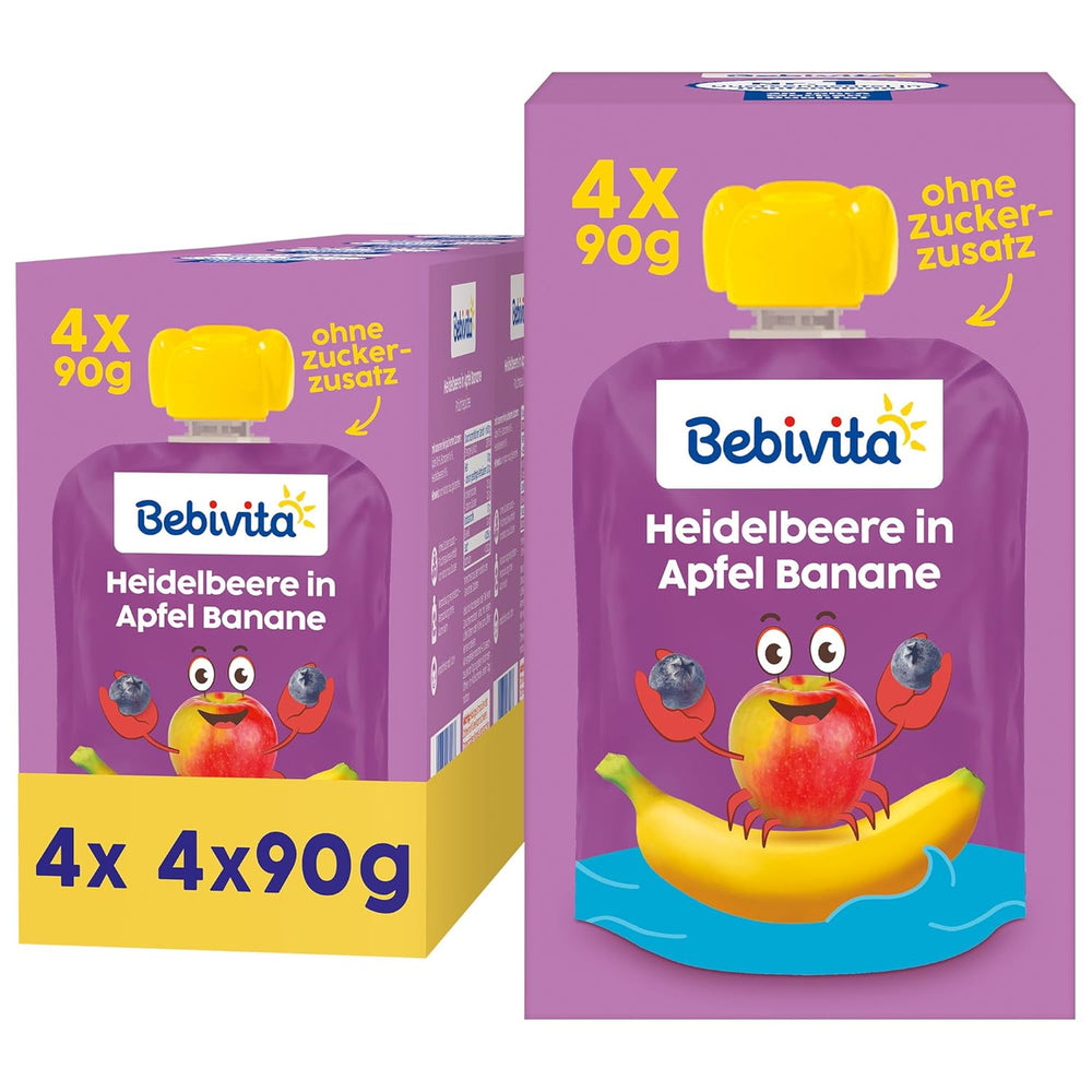 Blueberry, Apple and Banana Squeezable Pouches - 16 (4 packs, 4 x 90g each), no added sugar, gluten free, ideal for takeaways and on-the-go snacks