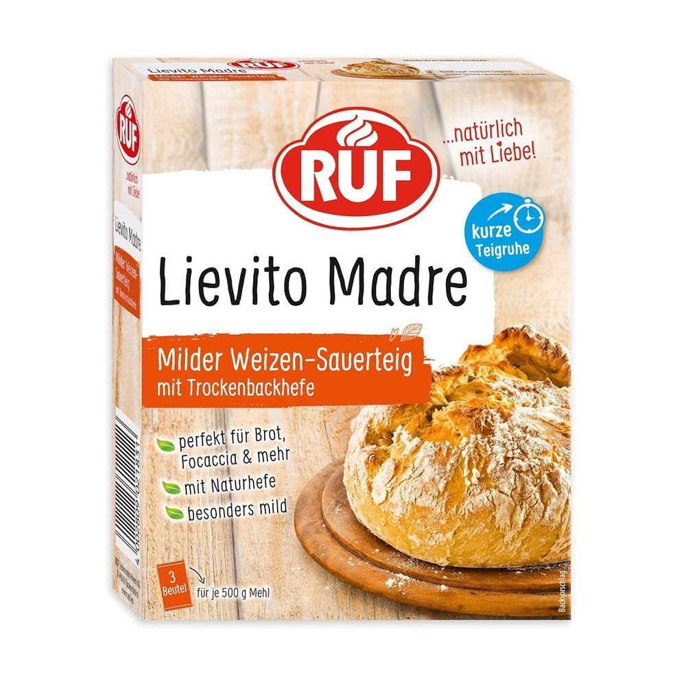 RUF Lievito Madre Sauerteig, Milder Weizen-Sauerteig, Mutterteig, Kurze Teigruhe Durch Enthaltene Trockenhefe, Lievito Madre Getrocknet Für Brot, Baguette, Focaccia, 3X35G Mixture for baking and cooking Naty Shop 35 G (3Er Pack) Kurze Teigruhe