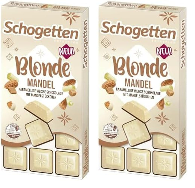 Schogetten Blonde Almond | White chocolate with caramel and almond pieces | 100 g | Conveniently Portioned (Pack of 2)