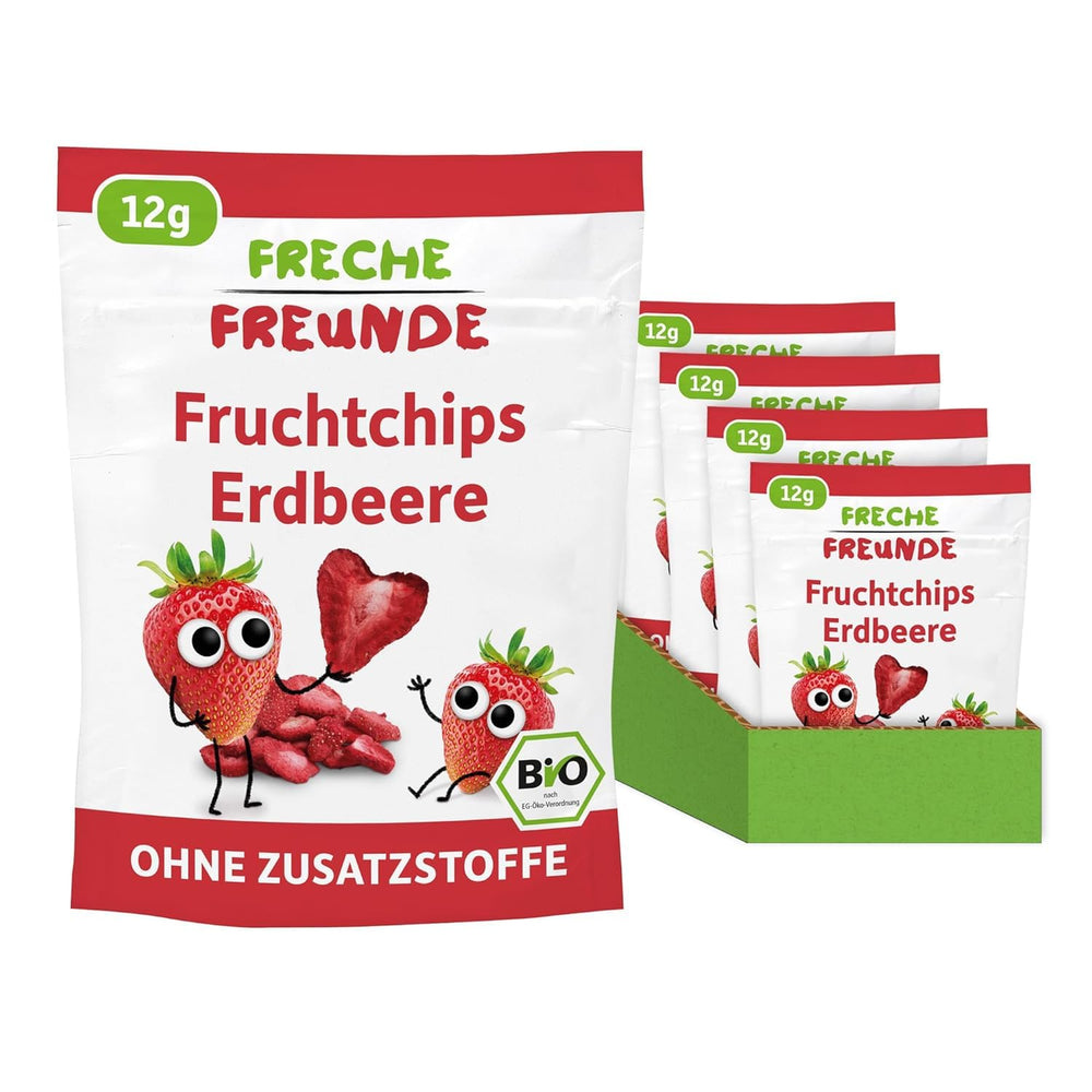 FRECHE FREUNDE Organic Strawberry Fruit Chips, Freeze Dried Fruit Chips, Natural Sliced Dried Fruit No Added Sugar, Vegan, Lactose Free, Gluten Free, Pack of 12 (12 x 12g)