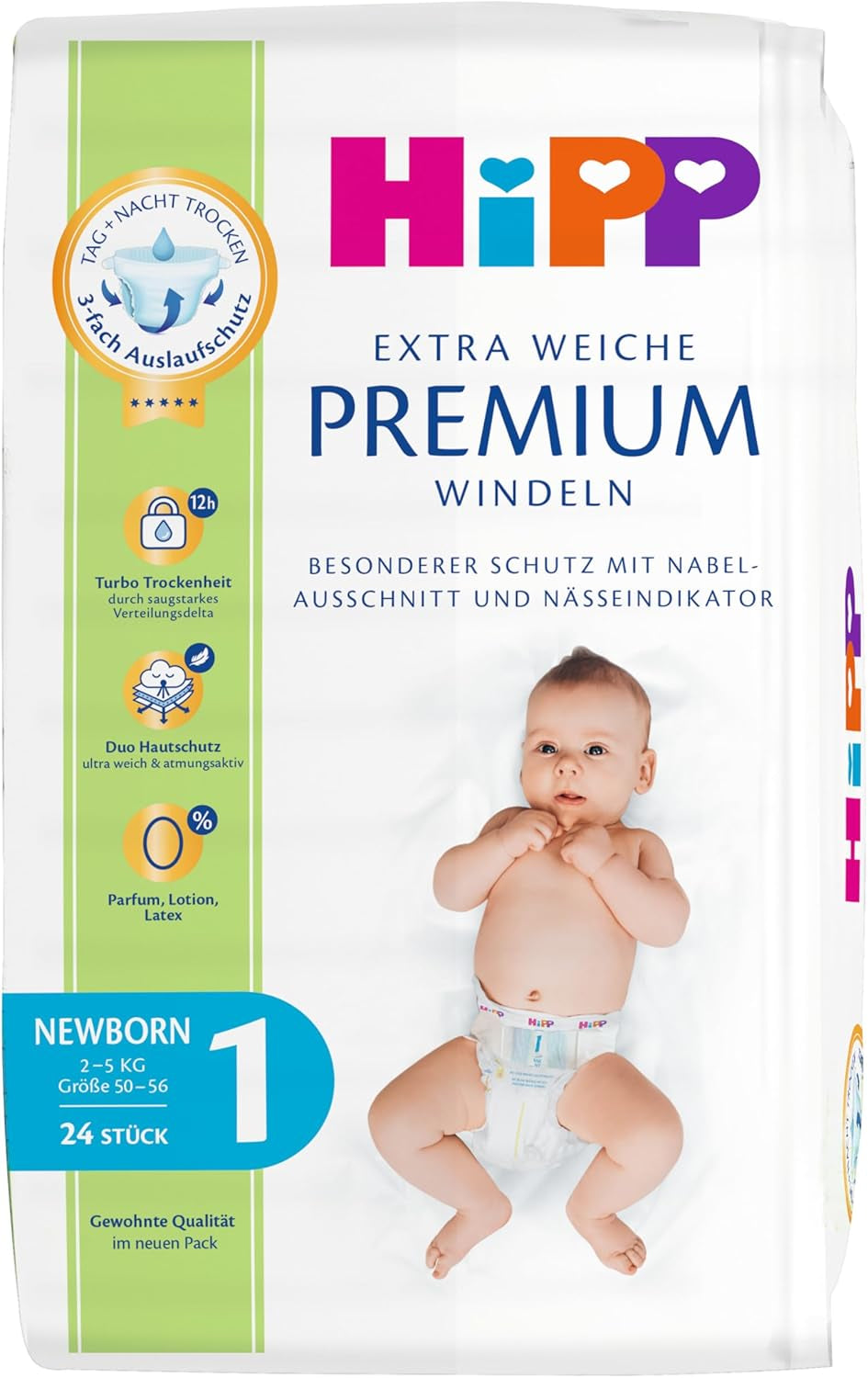 Diaper HiPP Extra Soft Premium Size 1 Newborn 2-5 kg, 72 pieces (3 packs of 24), with 3-way leak protection and double skin protection