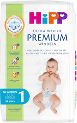 Diaper HiPP Extra Soft Premium Size 1 Newborn 2-5 kg, 72 pieces (3 packs of 24), with 3-way leak protection and double skin protection