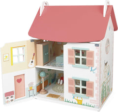 Janod – Prima mea casă de păpuși din lemn – 10 accesorii – Mobilier pentru păpuși – Uși magnetice și acoperiș detașabil – Jucărie din lemn certificat FSC – Vârste 3+