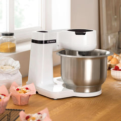 Bosch Küchenmaschine Serie 2 MUMS2EW00, Edelstahl-Schüssel 3.8 L, Planetenrührwerk, Knethaken, Schlag-, Rührbesen Edelstahl, 4 Arbeitsstufen, Durch Optionales Zubehör Erweiterbar, 700W, Weiß Kitchen Naty Shop