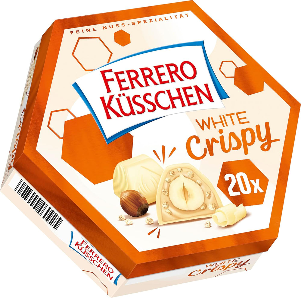 Ferrero Küsschen White Crispy - Valentine's Day gift for him and her - Crispy roasted hazelnuts in light cream with crispy chips, covered in white chocolate, 1 pack of 20 individual pralines