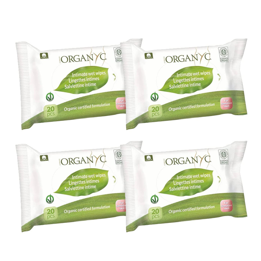 Organyc Moist Intimate Wipes, Made from 100% Certified Organic Cotton - 4 Packs of 20 Wipes (80 Wipes Total)