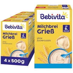 Semolina porridge with milk (4 x 500g), food for babies from 6 months, no added sugar, with valuable minerals and vitamins, very filling