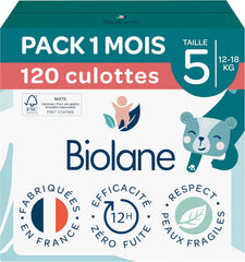 BIOLANE - Short diapers - Size 5 (12-18 kg) - 12 hour tightness - 1 month pack - 120 diapers - ecological