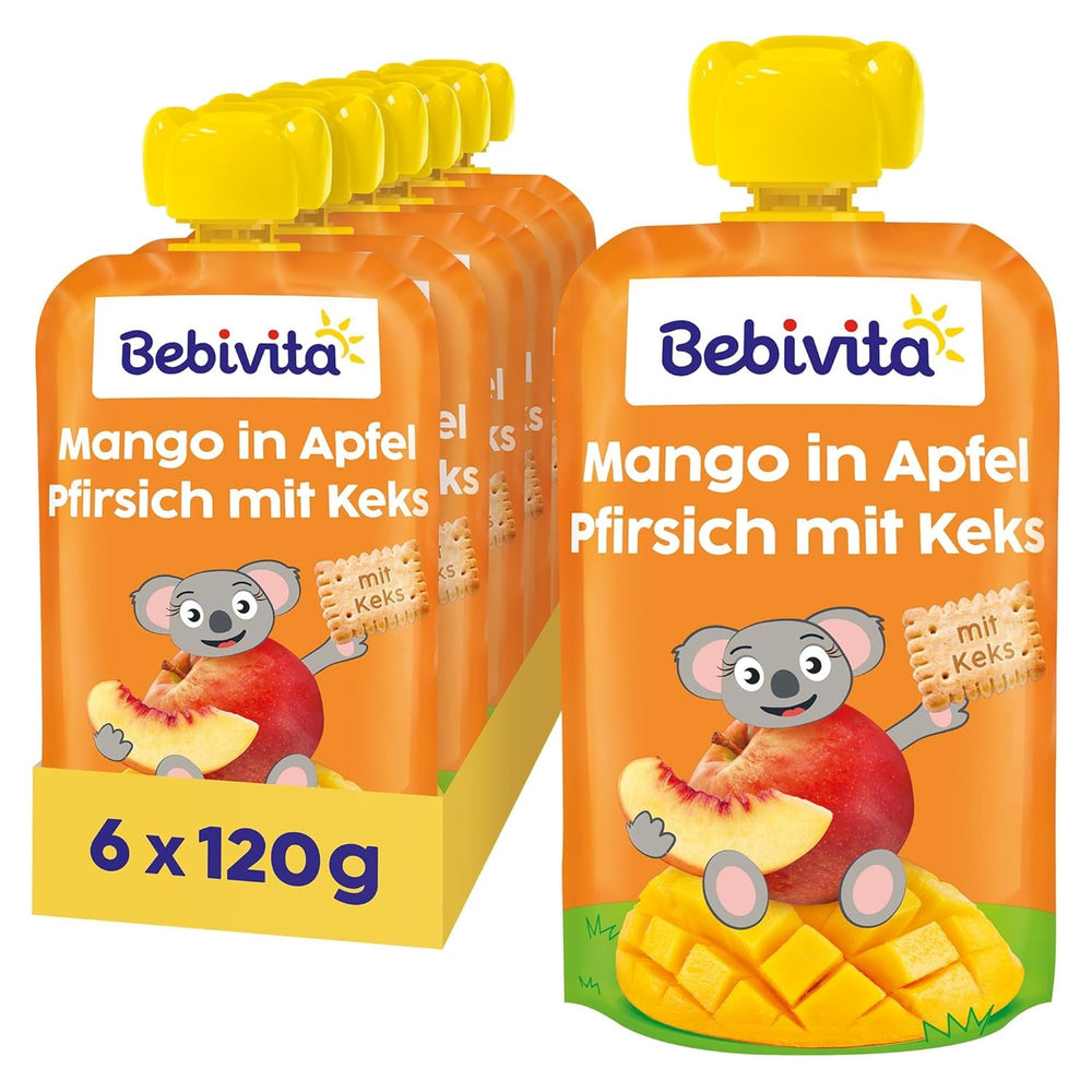 Mango în sos de mere și piersici cu plic de biscuiți (6 x 120g), fără zahăr adăugat, preparat din fructe blânde și cereale valoroase, ideal pentru gustări la pachet și pentru deplasare.