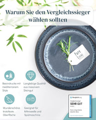 Set de veselă din gresie ceramică, format din 18 piese, pentru 6 persoane, design Ibiza, CÂȘTIGĂTOR AL TESTULUI. Un set de veselă mediteranean superb, din gresie ceramică, inclusiv boluri și farfurii. Set de veselă Pure Living în albastru fumuriu.