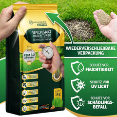 Rasensamen Schnellkeimend Turbo Nachsaat Grassamen Schnellkeimend Nach Original RSM 3.2 Empfehlung Aus Hochwertigster Gräser Mischung - 1Kg Sport Und Spiel Rasen Für 50 M2 - Made in Germany