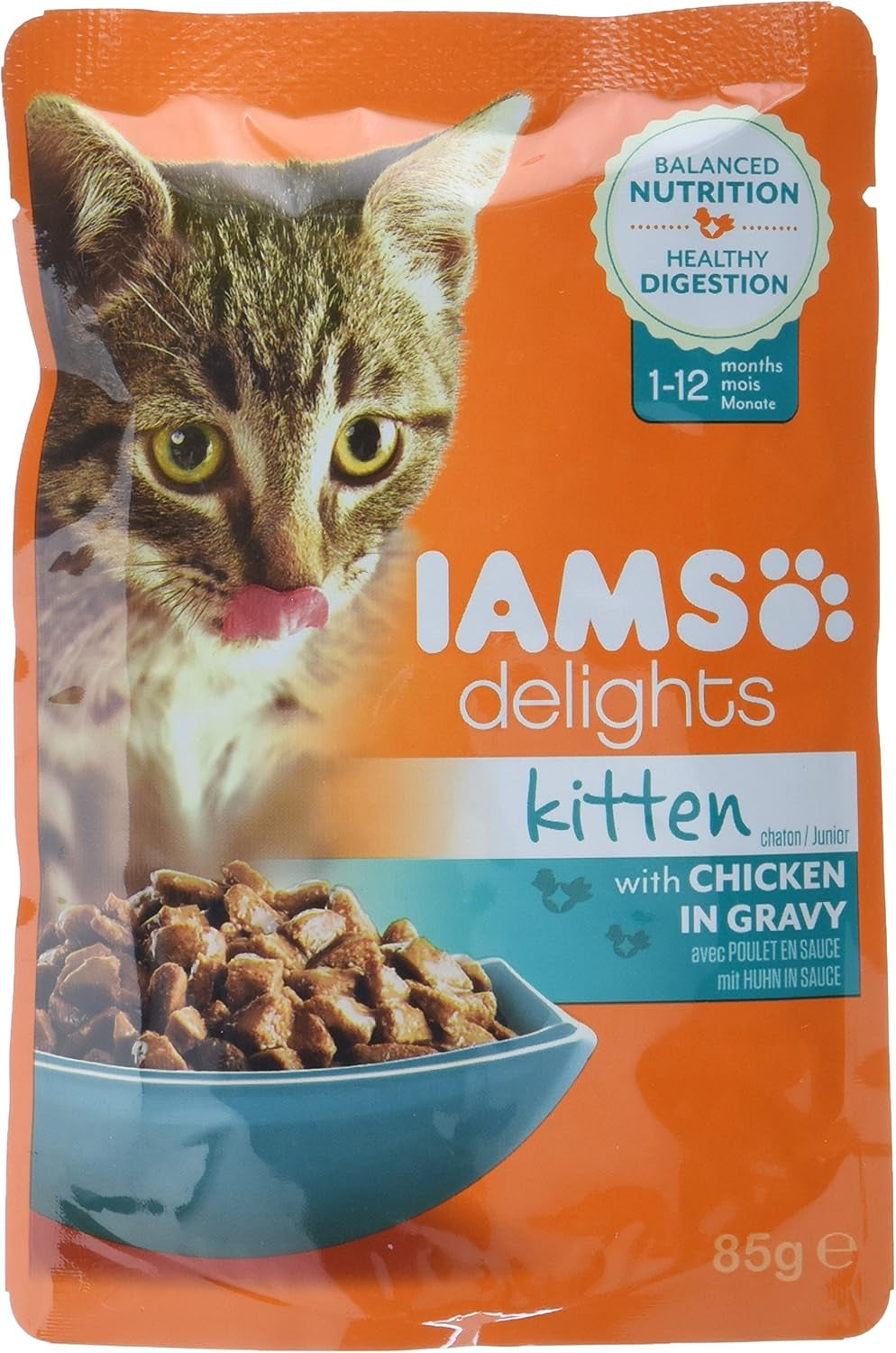 IAMS Delights Kitten Hrană umedă - Multipack Hrană pentru pisici cu pui în sos, hrană de înaltă calitate pentru pisoi junior de la 1-12 luni, 12 X 85G
