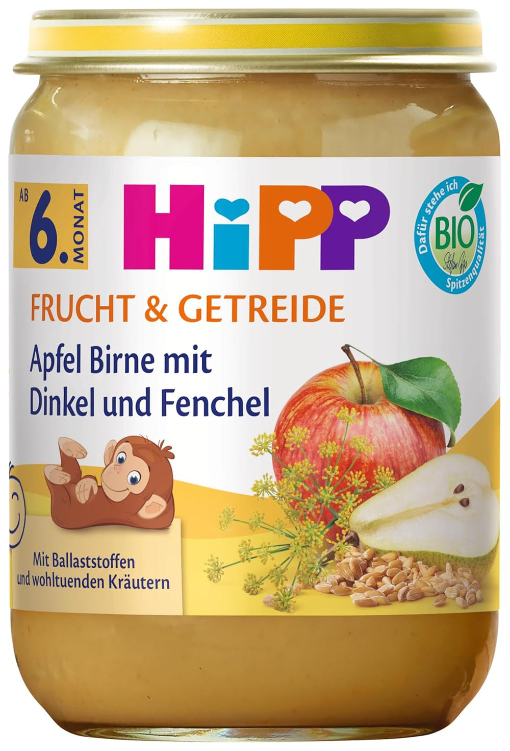 HiPP Bio Apple Birne mit Dinkel und Fenchel (6 x 190g), ab 6. Monat, mit Bio-Vollkorngetreide und wohltuenden Kräutern, nur natürliche Süße aus Früchten, in bester Bio-Qualität