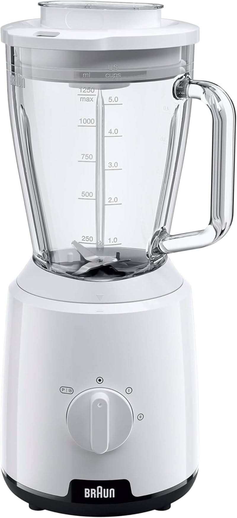 Braun Powerblend 1 JB1050WH - Standmixer Mit 1.5 L Glas-Mixaufsatz, Küchenhelfer Zum Zerkleinern, Pürieren & Mixen, Ice-Crush-Funktion, 2 Geschwindigkeiten, 600 Watt, Weiß Bucatarie Naty Shop Weiß Glas-Mixaufsatz