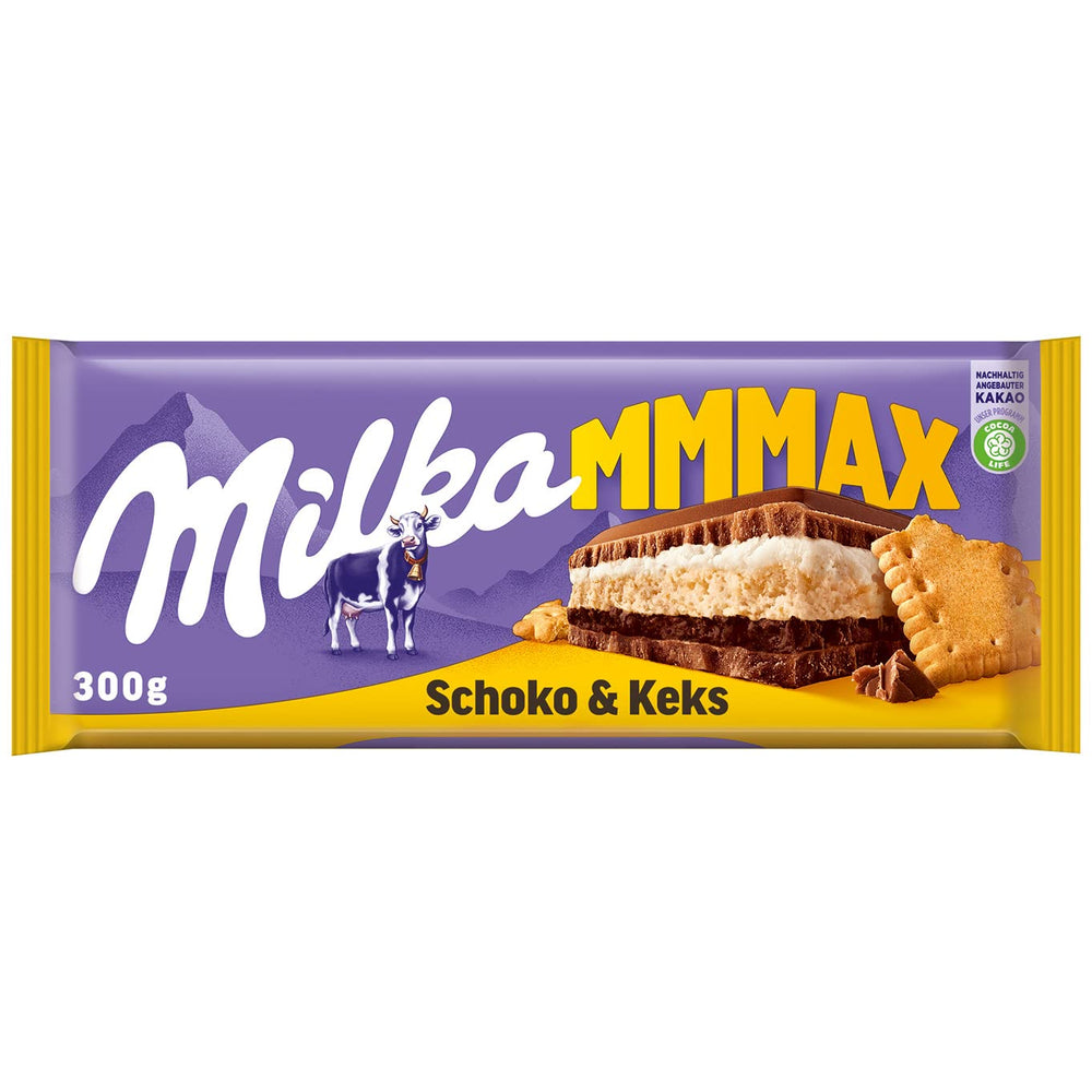 Milka Mmax Chocolate and Biscuits – Alpine milk chocolate with milk cream filling and crispy pieces of biscuits – 300g