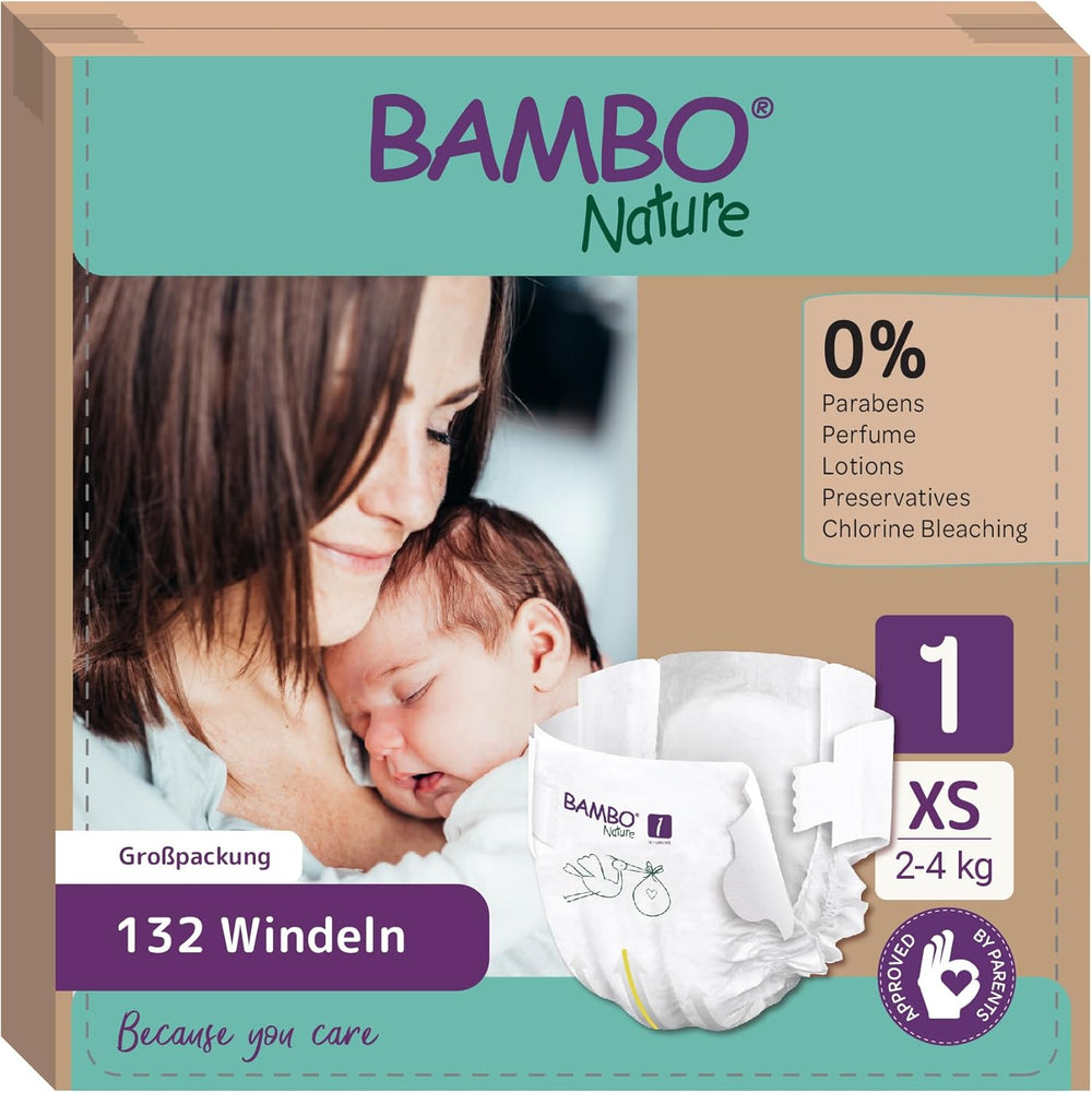 Bambo Nature Baby Diapers, Size 1 (2-4 kg), 132 Count Monthly Box | Premium Diapers with Enhanced Leak Protection | Ultimate comfort and freedom for newborns | Dermatologically tested diapers