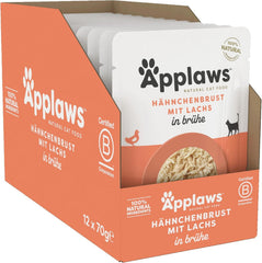 Hrană umedă pentru pisici Applaws 100% naturală, piept de pui cu somon în bulion - pachet de 12 pliculețe a câte 70 g