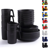 Set de veselă Berglander din plastic negru, 24 de piese pentru 6 persoane, farfurii și boluri reutilizabile, inclusiv farfurii de cină, farfurii de desert, boluri pentru cereale și cești pentru casă, grădină și picnicuri
