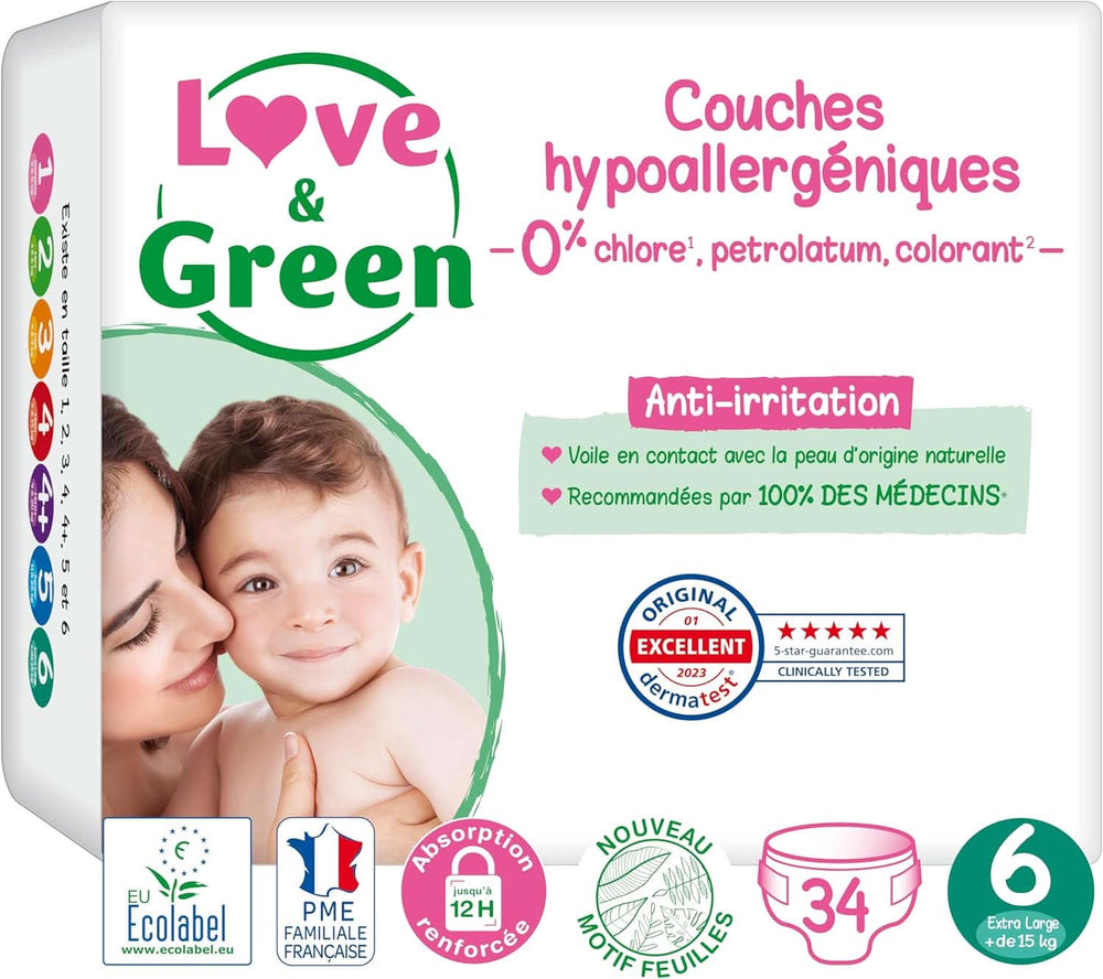 Love & Green, Diapers for babies, hypoallergenic, size 6 (34 units) Mother and Child Naty Shop
