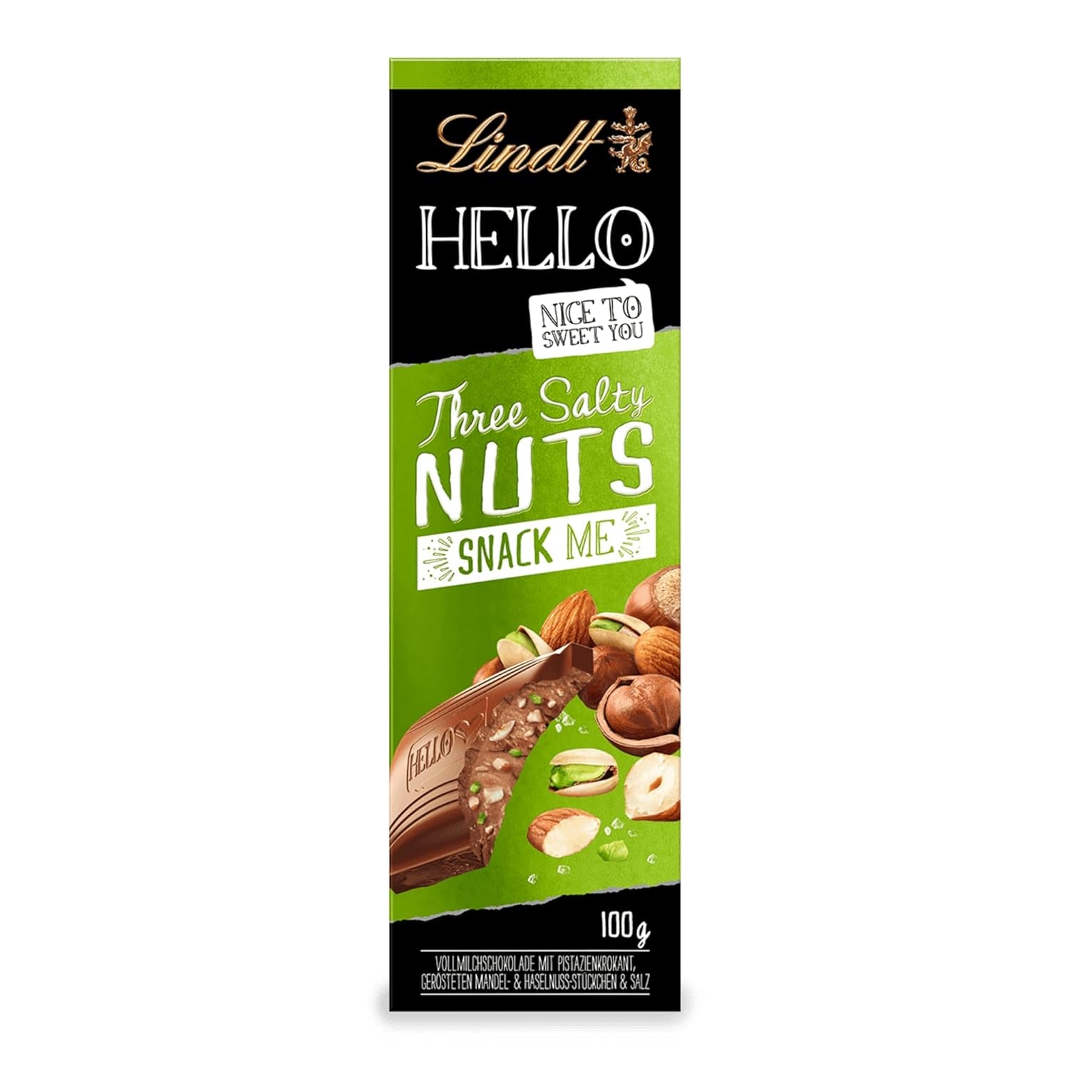 Ciocolată Lindt HELLO Crunchy Nougat, baton de 100 grame Bomboane de Ciocolata Naty Shop 100 grame Three Salty Nuts