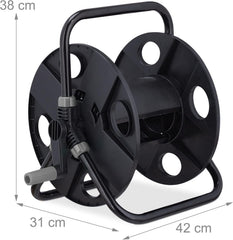 Rolă furtun Relaxdays, pentru furtun de 30 m 1/2", oțel, plastic, suport furtun, HL: 38 x 42 x 31 cm, negru/gri