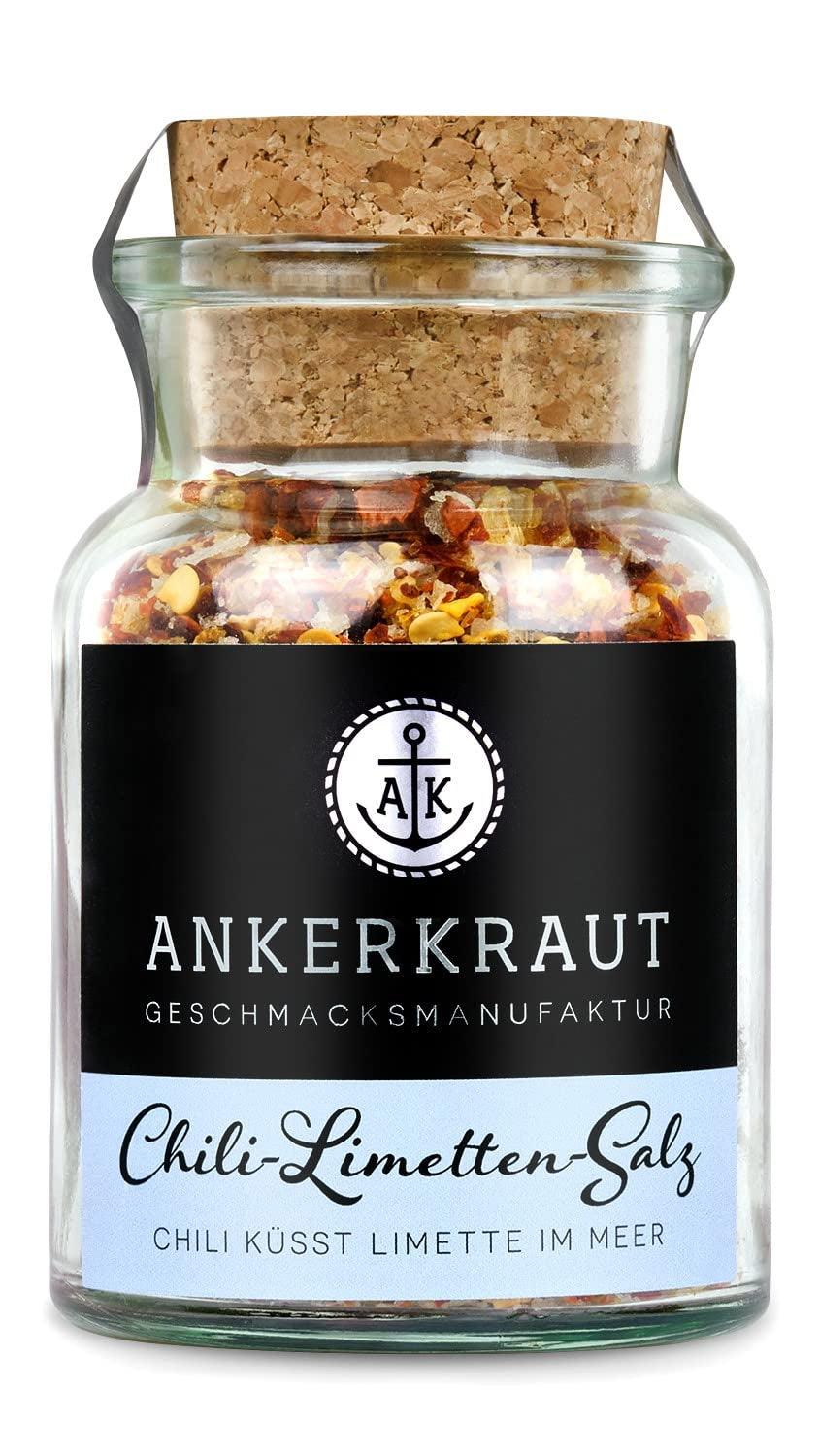 Ankerkraut Chili-Lime-Salz, 70g in cork glass, Speise-Salz Mischung für Steak Fisch Salad Asia Gerichte, Allrounder mit Gesmack und Qualität