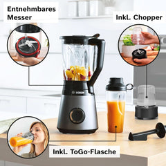 Bosch Standmixer Vitapower Serie 4 MMB6177S, Edelstahl-Klingen Made in Germany, 1.5L Thermosafe Glasbehälter, 0.6L To-Go-Flasche, Stopfer, Universalzerkleinerer, 30,000 U/Min, 1200 W, Silver Kitchen Naty Shop