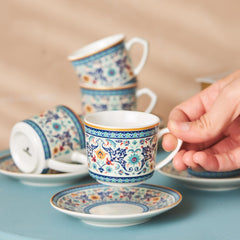 KARACA Beylerbeyi - Set de cești de cafea turcească, 12 piese, Set de 6 cești de espresso din porțelan cu farfurioare, Set de cești de espresso de 80 ml, Design tradițional - Albastru