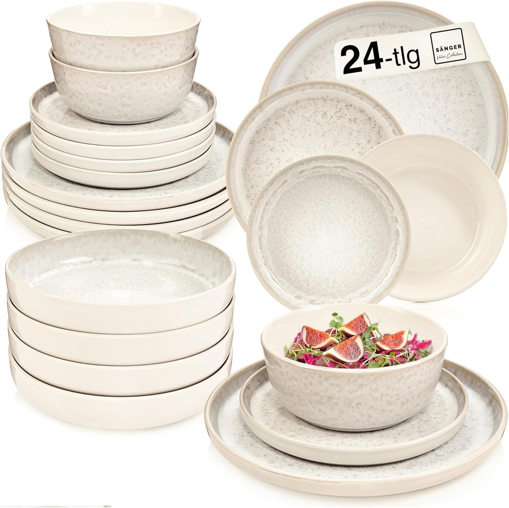 SÄNGER Key West | Set de veselă din gresie, 24 de piese, set de farfurii pentru 6 persoane, 6 farfurii de cină, boluri pentru cereale, farfurii pentru desert, boluri pentru paste, veselă de culoare crem cu textură nisipoasă | COLECȚIA VALUE