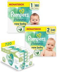 Harmonie Aqua Baby Diaper Set Size 1 (2-5 kg, 180 pcs), Size 2 (4-8 kg, 240 pcs), Half Moon Box and Aqua Baby Wipes, 720 Wipes (15 x 48), Baby Starter Kit