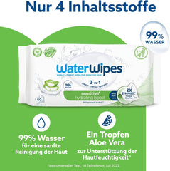 Șervețele umede WaterWipes Sensitive+ Hydrating Boost, șervețele hidratante, 720 bucăți (12 pachete), 3 în 1 curăță, îngrijește, hidratează, 99% apă cu aloe vera, șervețele umede fără parfum pentru bebeluși