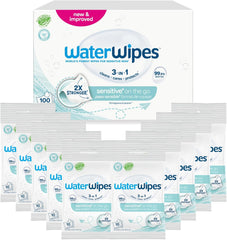 Șervețele umede WaterWipes Sensitive+ On The Go, 100 de șervețele (10 pachete), 3 în 1 curăță, îngrijește, protejează, 99,9% apă, șervețele fără parfum