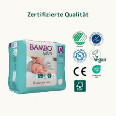 Bambo Nature Diapers for Babies, Size 0 (1-3 kg), 144 pcs, Monthly Box | Premium Diapers with Enhanced Leak Protection | Ultimate comfort and freedom for newborns | Dermatologically tested diapers