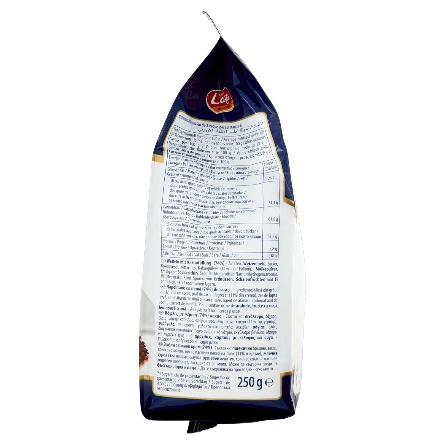 Cacao pentru petreceri 250 g, napolitană cu cremă de cacao, 74% Cu 5 straturi de napolitană și o cremă catifelată de ciocolată