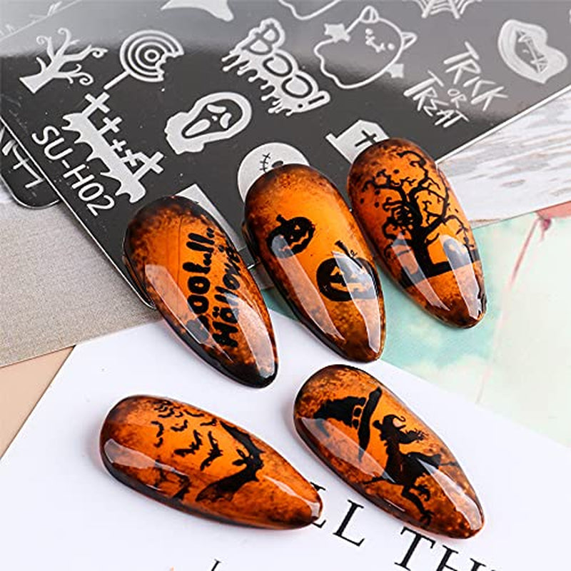 JMEOWIO Nagel Stamping Schablone Halloween 6 Stück Nagelstempel Schablone Nail Art Dekoration Nageldesign Zubehör Böse Gruselige Kürbis-Geisterhexe
