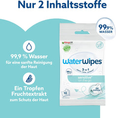 WaterWipes Sensitive+ On The Go Wet Wipes, 100 Wipes (10 Pack), 3 in 1 Cleans, Cares, Protects, 99.9% Water, Fragrance Free Wipes