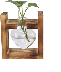 Wooden Stand Plant Terrarium, Heart Shape Tabletop Vase, Clear Glass Hydroponic Plants for Home Garden Decoration, Hydroponic Flower Decoration for Office, Living Room, Kitchen (A)