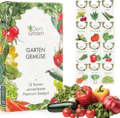 OwnGrown Vegetable Seed Set - 12 Pflanzensemen Sorten für Hochbeet und Garten - Praktische Box mit Gemüsesamen für den Anbau Frischer Ernte zu Hause - Ideal für Gartenliebhaber