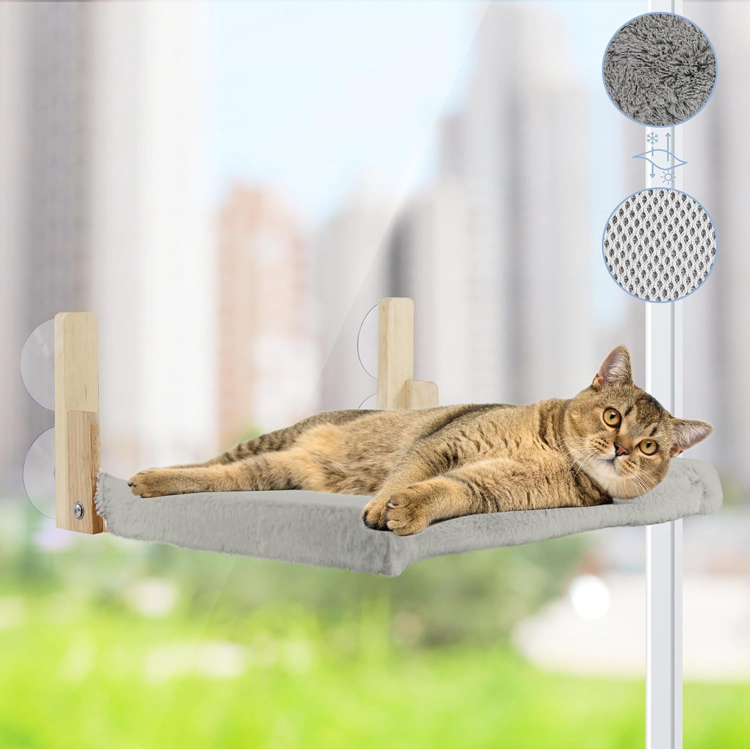 Hamac pentru pisici, fereastră, din lemn, pliabil, pat pentru pisici, pervaz, cu pătură reversibilă pentru iarnă și vară, hamac pentru pisici cu 4 ventuze, pat pentru pisici cu fereastră pentru pisici și