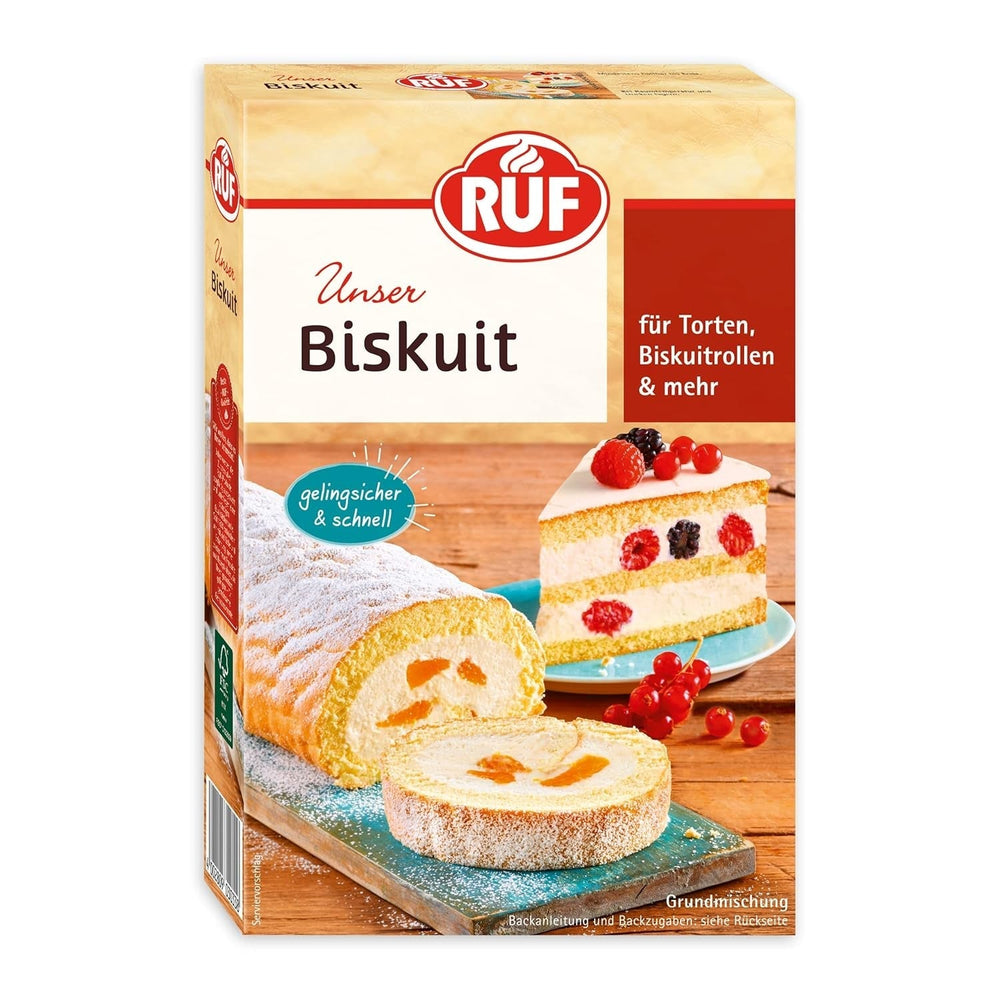 RUF Biskuit Teig, Backmischung Für Einen Saftigen Biskuitteig, Gelingsicher Und Schnell Zuberitet, Zur Herstellung Von Biskuitrollen, Biskuitkuchen Oder Tortenboden, 1 X 250G Naty Shop Bikuit Bikuit