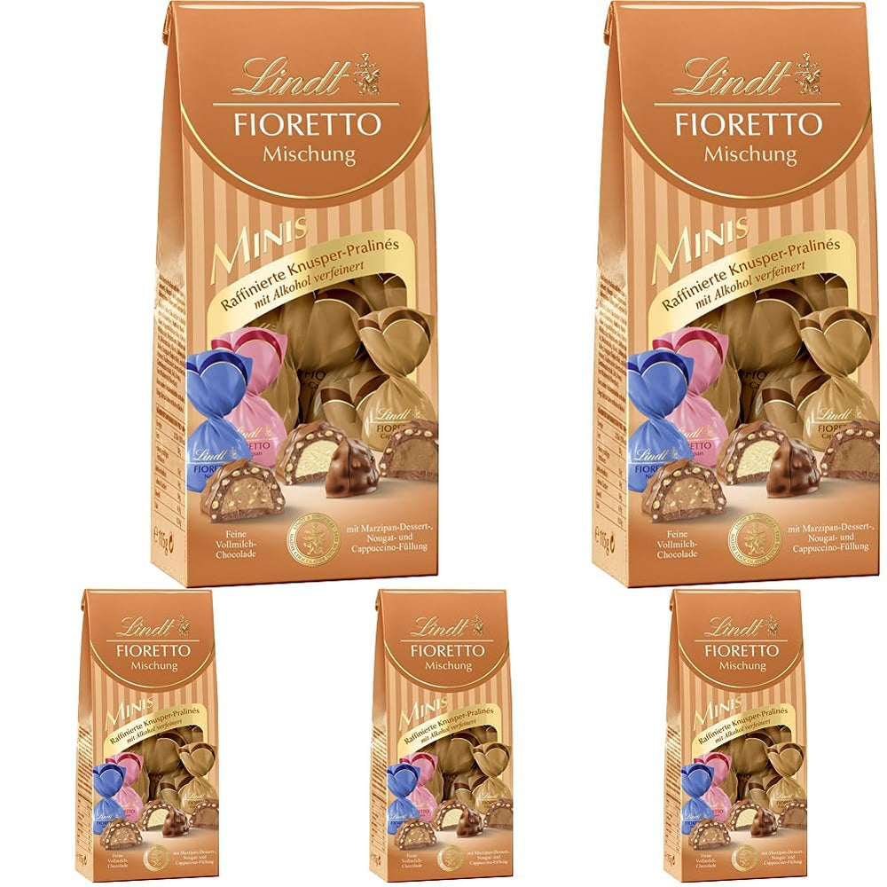 Chocolate - Assortment FIORETTO Minis | 115 g | Approx. 10 milk chocolate pralines in marzipan, cappuccino and nougat flavours, contains alcohol | Chocolate Gift Set | Chocolate gift set (pack of 5)