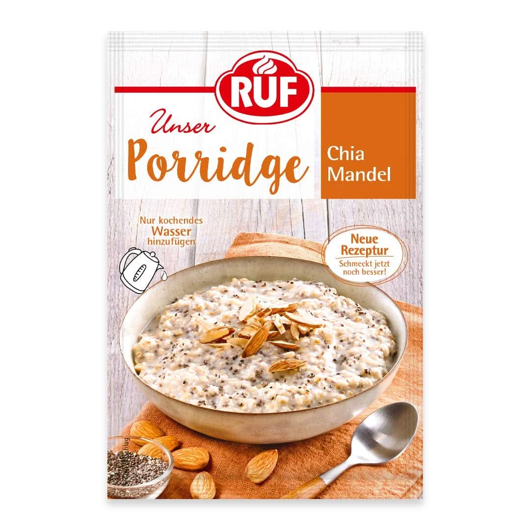 RUF Porridge Raspberry White Choc, Porridge instant cu bucăți de zmeură și ciocolată albă rasă, 65 de grame Cereale Naty Shop 65 grame Chia cu migdale