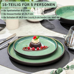 SÄNGER Greenwich | Set de veselă din gresie, 18 piese, Set de farfurii pentru 6 persoane, Set de veselă (6 farfurii de cină, 6 farfurii de desert, 6 boluri), Verde, Rezistent la zgârieturi, Veselă | COLECȚIA VALUE