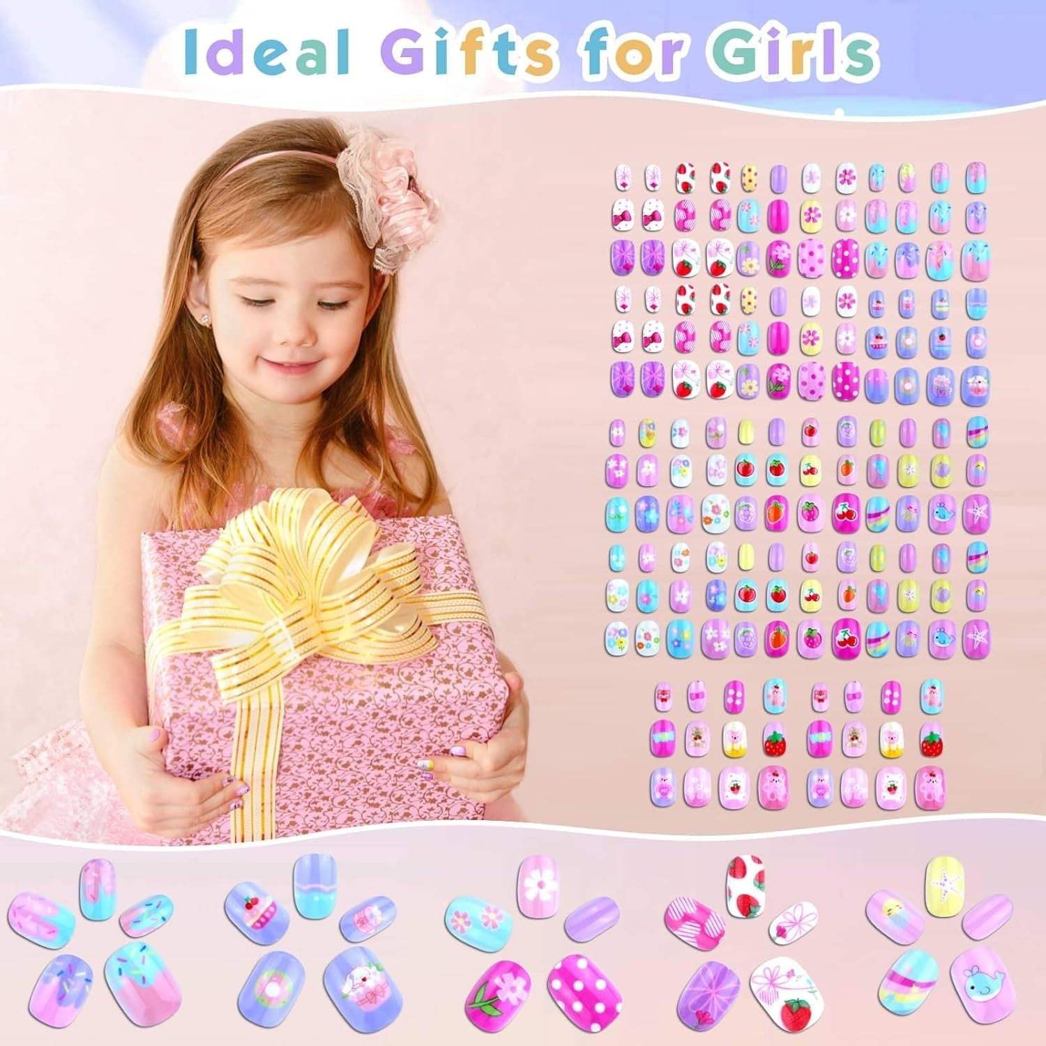 168 buc unghii adezive pentru copii fete, copii timizi false pentru copii autocolante pre-lipici unghii complet acoperite unghii acrilice scurte set cadouri pentru decorarea unghiilor art
