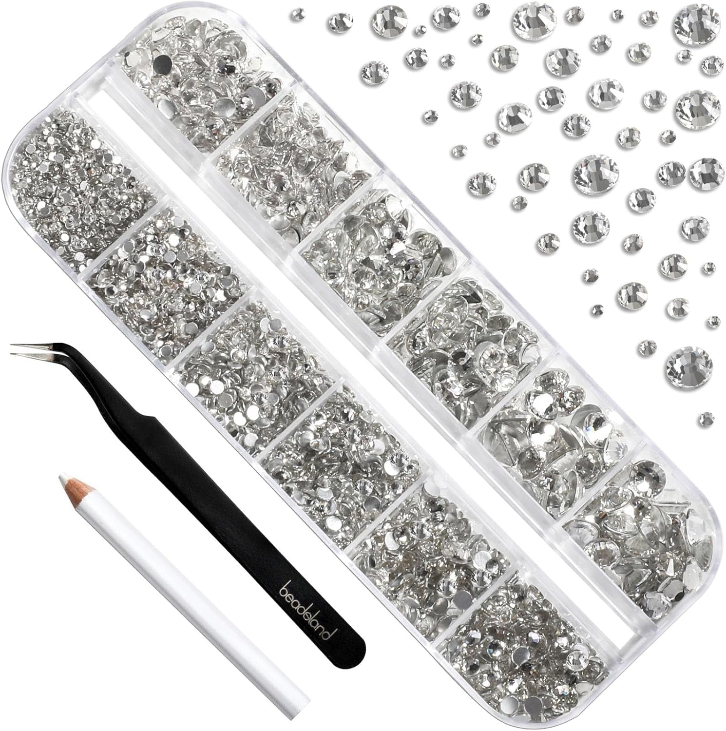 Beadsland 2500Pcs Glas Nailart Strasssteine Kristall Flatback Edelsteine Runde, Für Handwerk Gemischt 8 Größen SS4 ~ SS30 Mit Picking Pinzette Und Stift (Kristall Weiss)