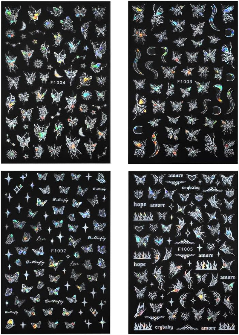 4 Blätter Holographisch Laser Weiß Schmetterling Nagelsticker,Y2K Aurora Schmetterlinge Stern Nail Sticker 3D Flamme Herz Nageldesign Nagelsticker Selbstklebend Nagel Sticker Nagel Zubehör Nail Art