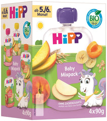 HiPP Organic Squeeze Pouches, Mixed Pack, 16 Pieces (4 Packs of 4 x 90g Each), For Babies 5/6 Months, Four Delicious Flavors, No Added Sugar, Best Organic Quality