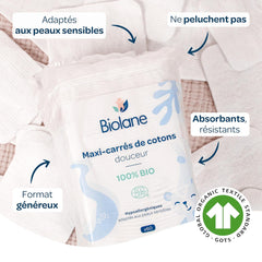BIOLANE 12 Wet Maxi-Squares Pads - Babies - 100% Organic - 720 Cotton - for sensitive skin - Changing and Toiletry - from birth - made in France